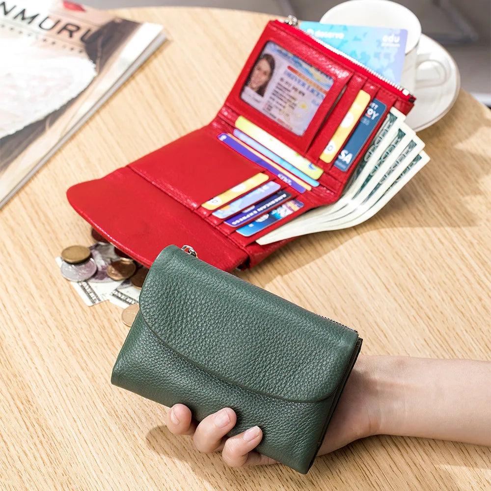 Women's Genuine Cowhide Leather Trifold Wallet with Zipper Coin Pocket