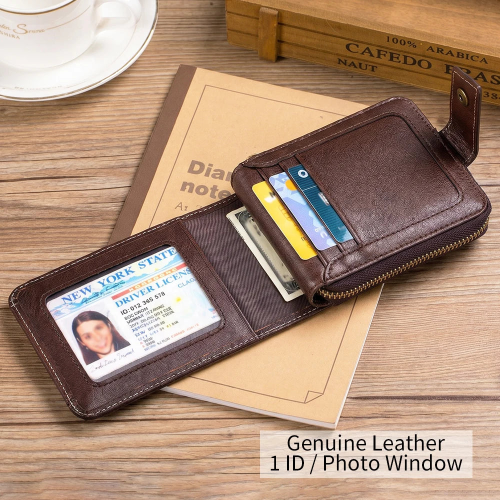 Men's Leather Zipper Wallet with Coin Purse & Card Slots