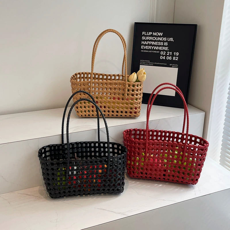 Moods Underarm Basket Shoulder Bags Women Summer Latest Beach Tote Bag Woven Design Plastic