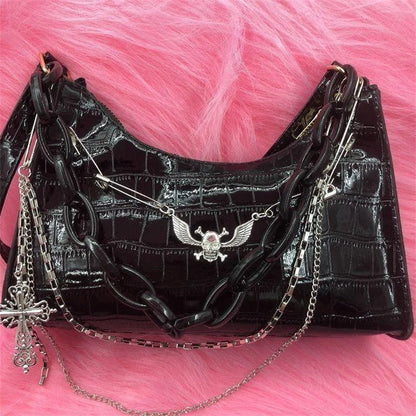 Y2K Skull Shoulder Bag – Crocodile Pattern Dark Punk Handbag