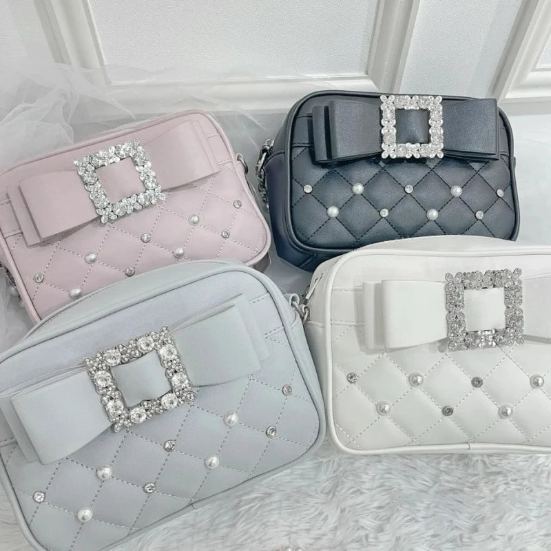 Diamond Bow Quilted Crossbody Bag – Women's Pearl Embellished Purse