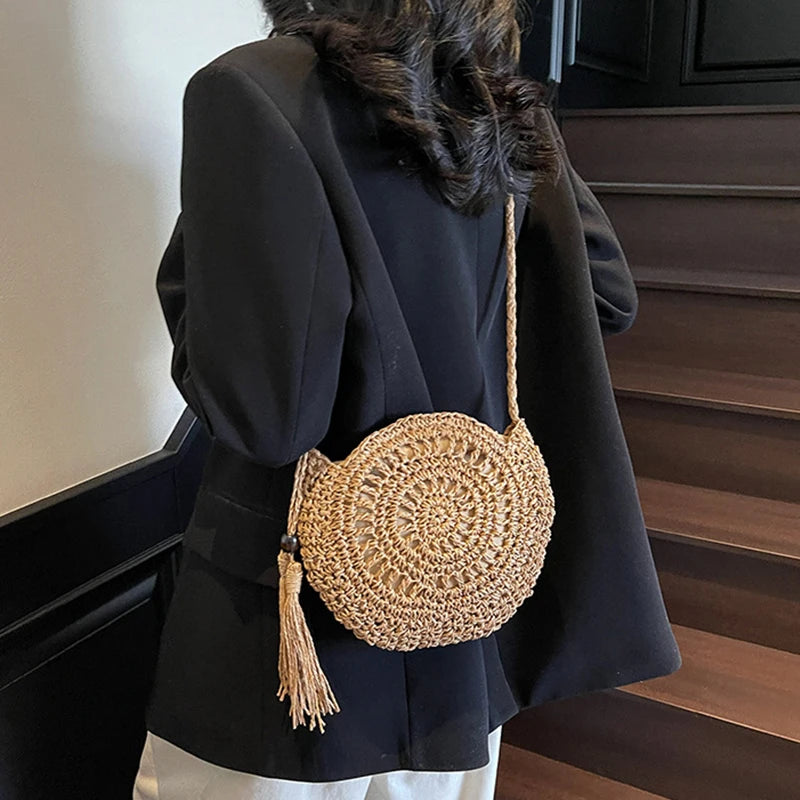 Round Straw Crossbody Bag – Boho Tassel Beach Bag