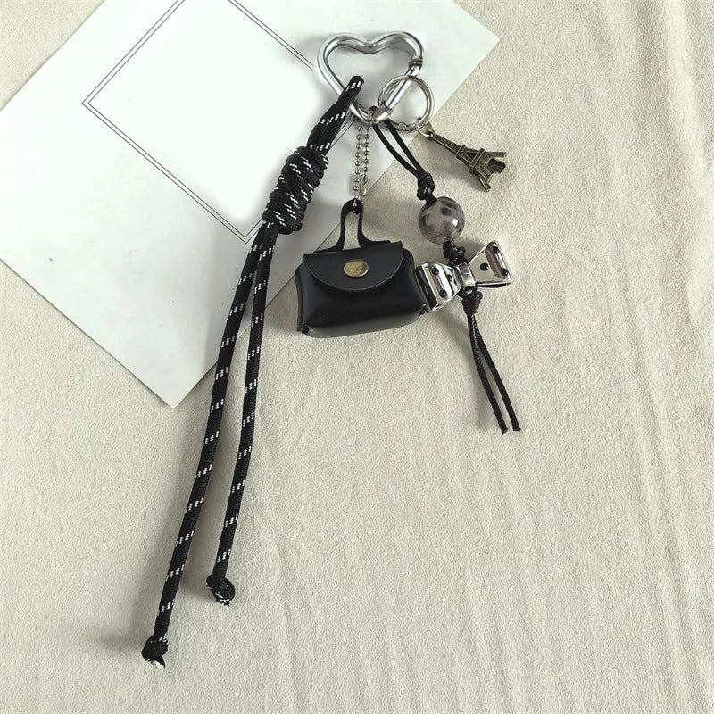 Handmade Nylon Rope Bag Charm Keychain with Mini Bag & Eiffel Tower Pendant