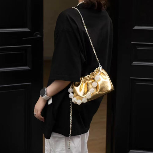 Crossbody Bag Oil Waxed Cowhide Leather with Pearl Handle & Chain Strap