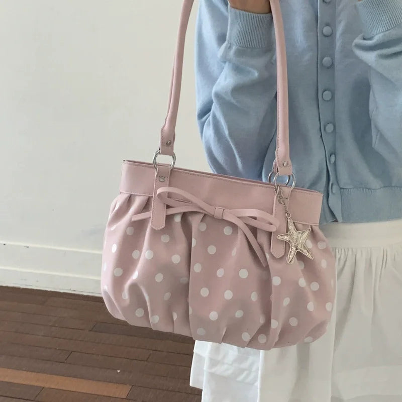 Polka Dot Ruched Shoulder Bag Star Pendant Women Bow Decor Large Capacity Hobo Retro Versatile