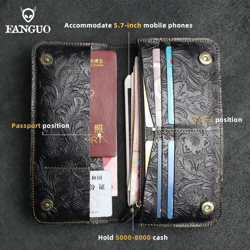 Genuine Leather Long Wallet – Floral Embossed Bifold for Men & Women