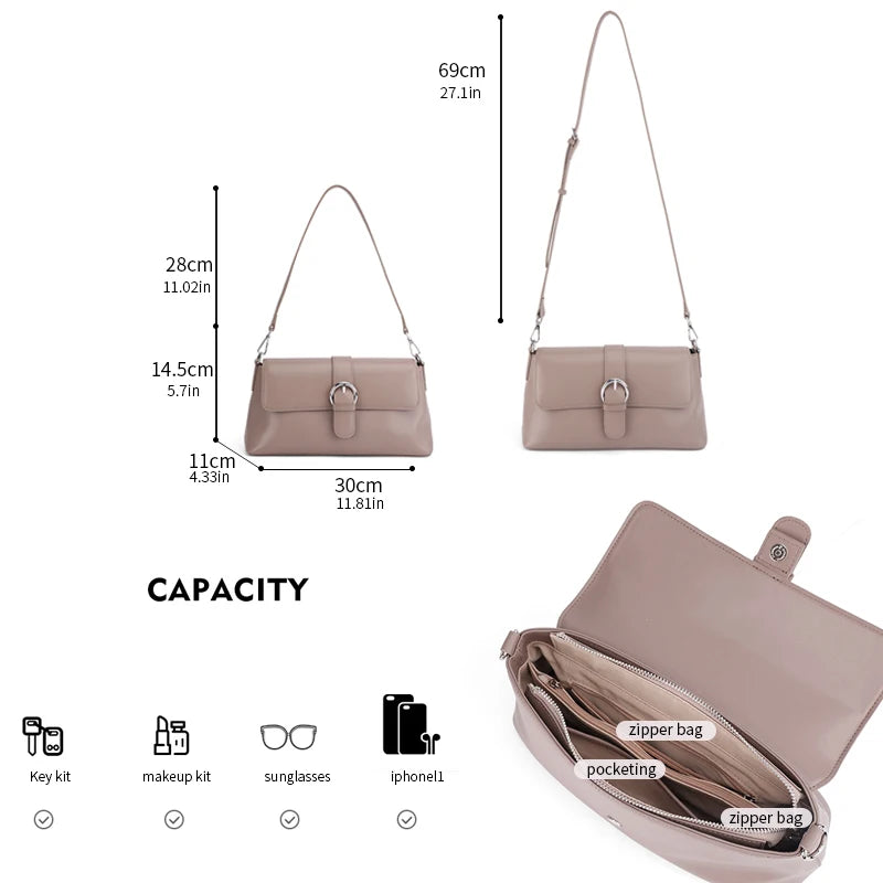Genuine Leather Crossbody Bag for Women – Lightweight Buckle Shoulder Bag