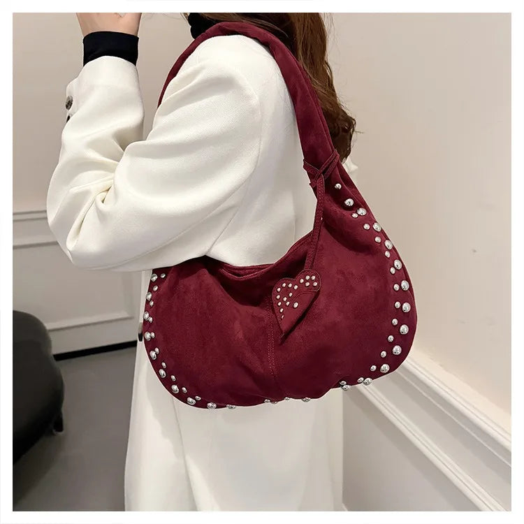 Rivet Studded Hobo Shoulder Bag – Women's Half Moon Tote
