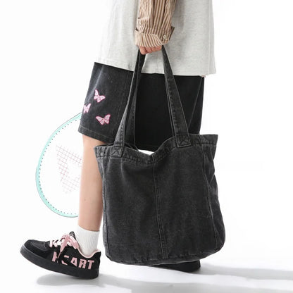 Washed Denim Tote Bag for Women – Large Vintage Shoulder Shopper Bag