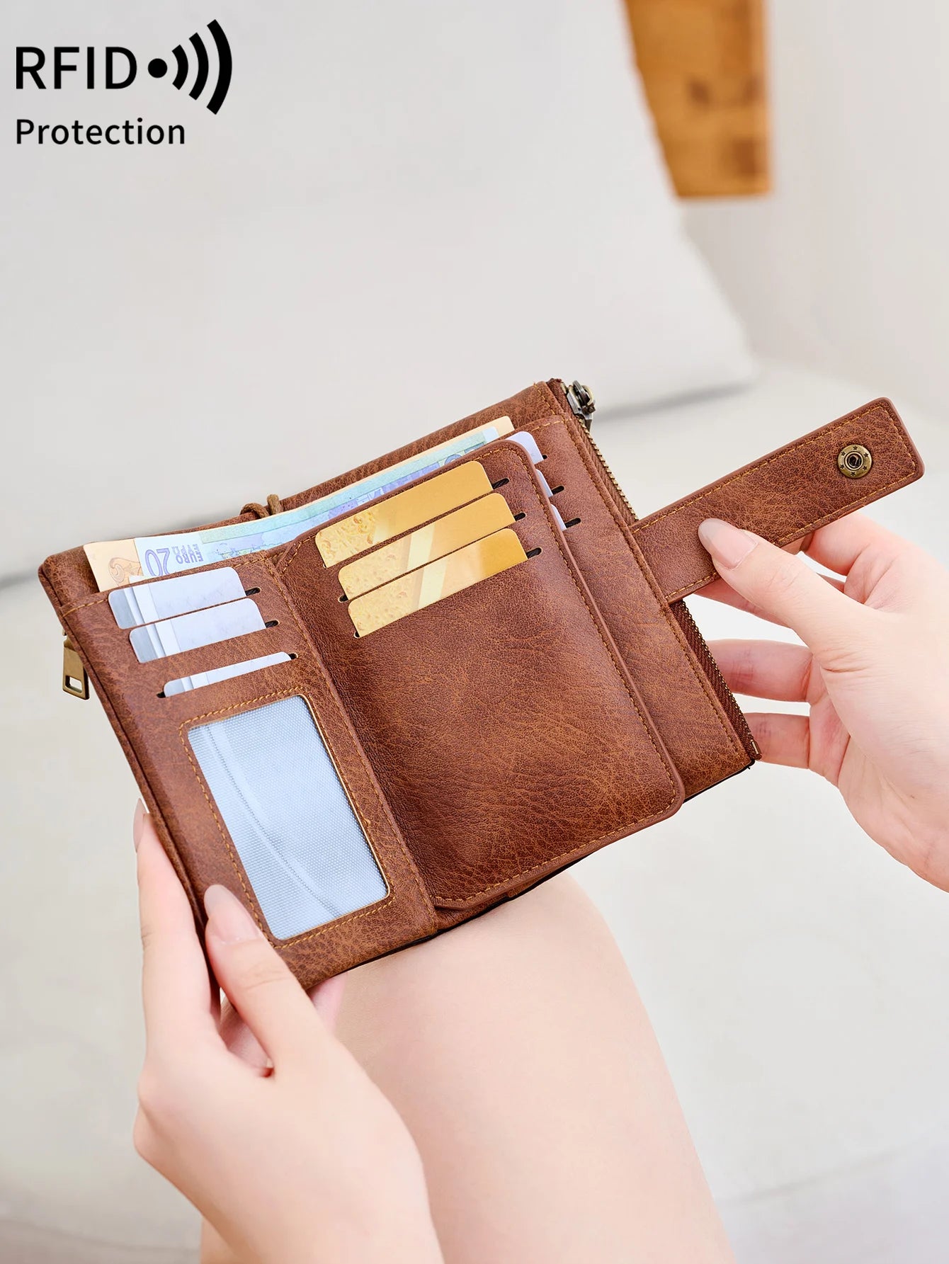 RFID Blocking Women's Trifold Wallet – Large Capacity Leather Purse