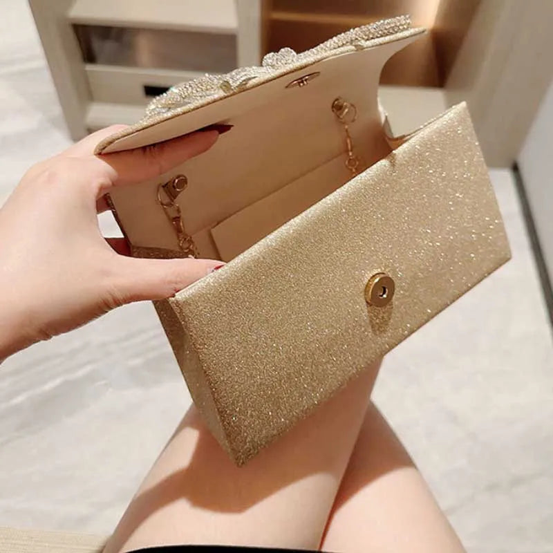 Glitter Evening Clutch Bag – Diamond Bow Chain Crossbody Purse