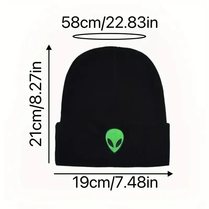 Knitted Beanie Hat with Alien Ghost Skull Embroidery