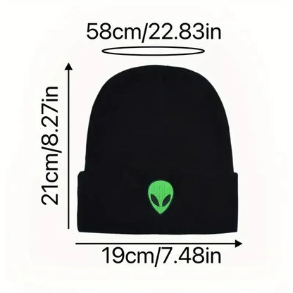 Knitted Beanie Hat with Alien Ghost Skull Embroidery