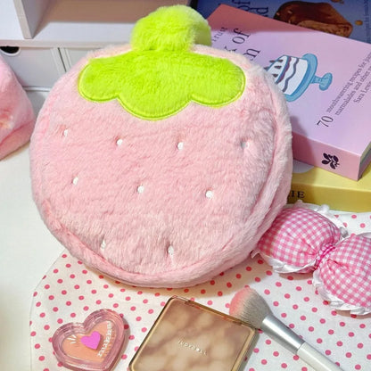 Cute Strawberry Plush Makeup Bag – Large Capacity Travel Cosmetic Pouch