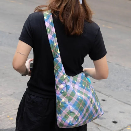 Plaid Nylon Tote Bag – Large Capacity Shoulder Handbag