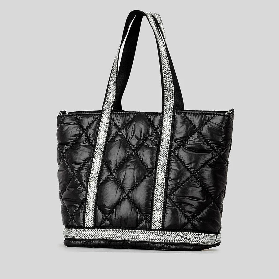 Luxury Rhinestone Puffer Tote Bag Lingge Quilted Large Padded Women Handbags Casual Nylon Shoulder