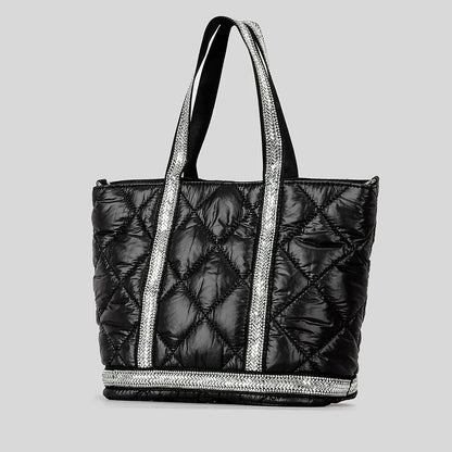 Luxury Rhinestone Puffer Tote Bag Lingge Quilted Large Padded Women Handbags Casual Nylon Shoulder