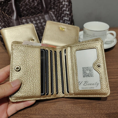 Gold Genuine Leather Women's Short Wallet with Animal Button Clasp