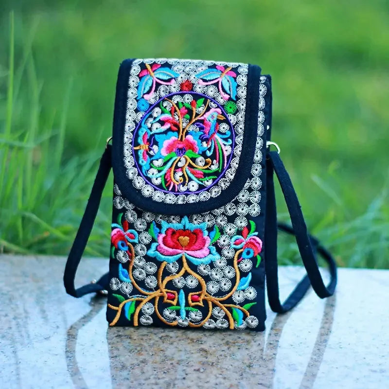 Embroidered Boho Crossbody Phone Bag for Women – Canvas Mini Shoulder Bag