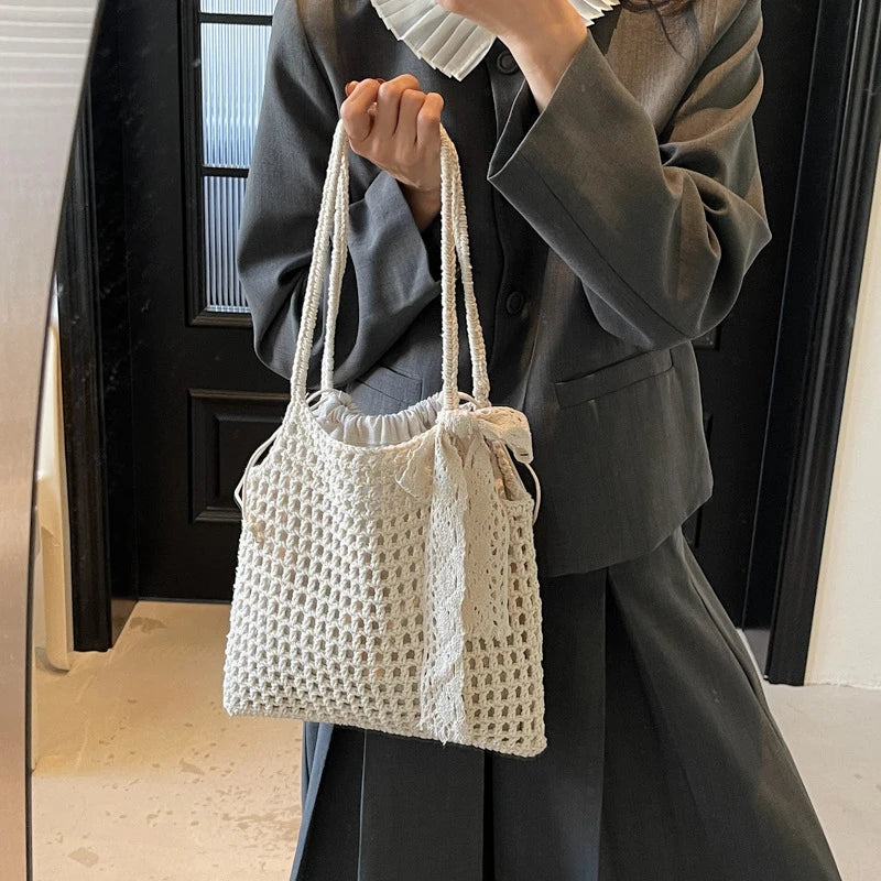 Crochet Tote Bag with Lace Bow – Large Boho Beach Bag