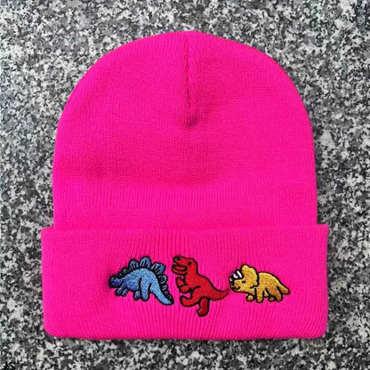 Dinosaur Embroidery Beanie Hat – Warm Knit Cap for Men & Women