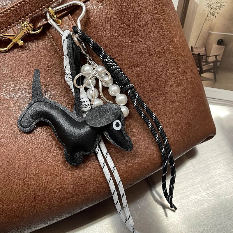 Dachshund Keychain Leather Dog Bag Charm with Braided Rope