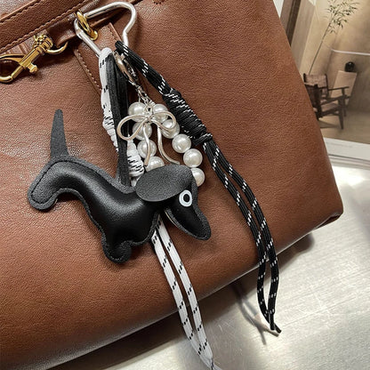 Dachshund Keychain Leather Dog Bag Charm with Braided Rope