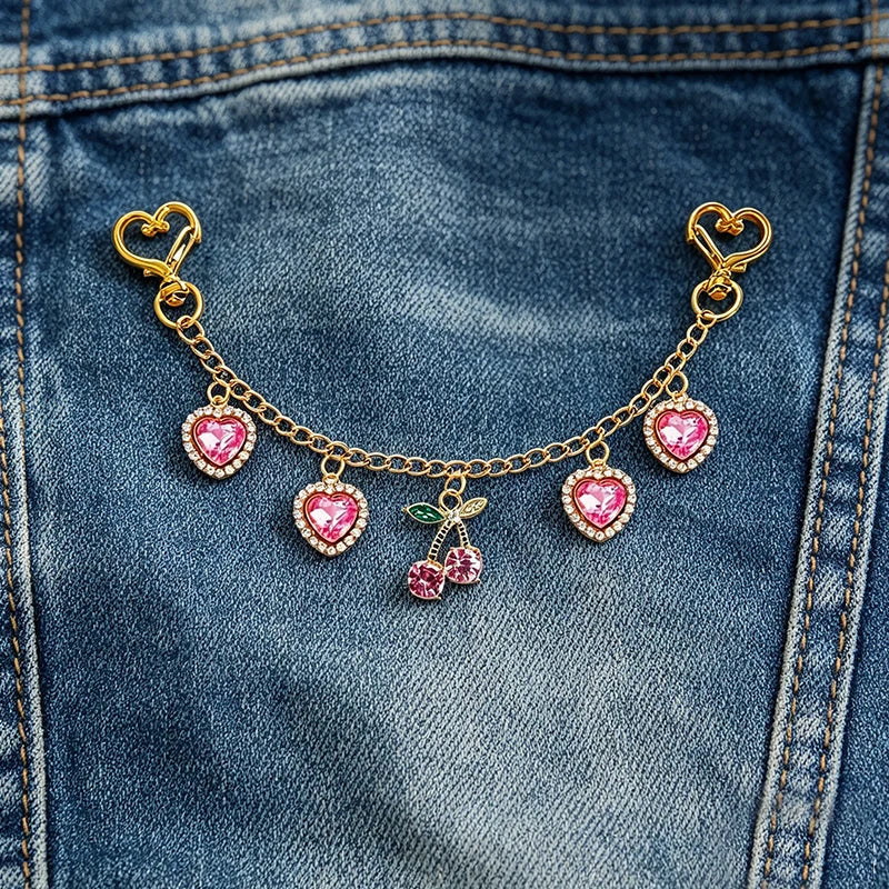 Cherry & Heart Bag Charm – Glass Stone Chain Jewelry Pendant
