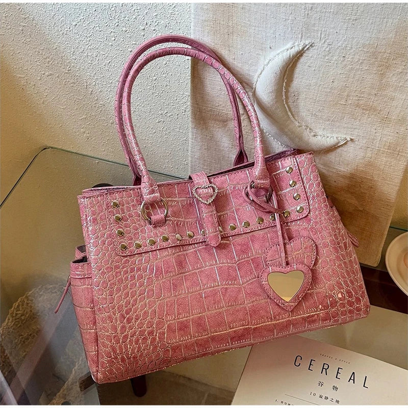 Pink Crocodile-Print Handbag with Heart Detail – Large Capacity Tote