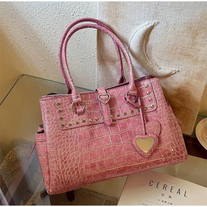 Pink Crocodile-Print Handbag with Heart Detail – Large Capacity Tote