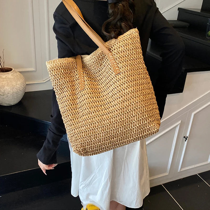 Handmade Straw Woven Round Beach Tote Bag