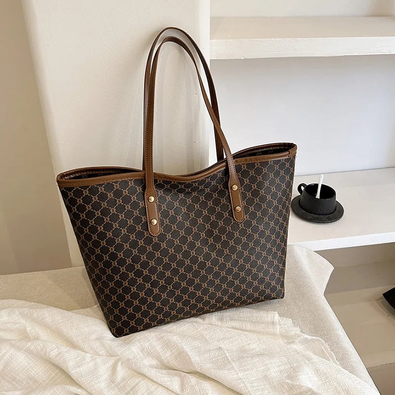 Large Capacity Tote Bag for Women – Monogram PU Leather Shoulder Bag