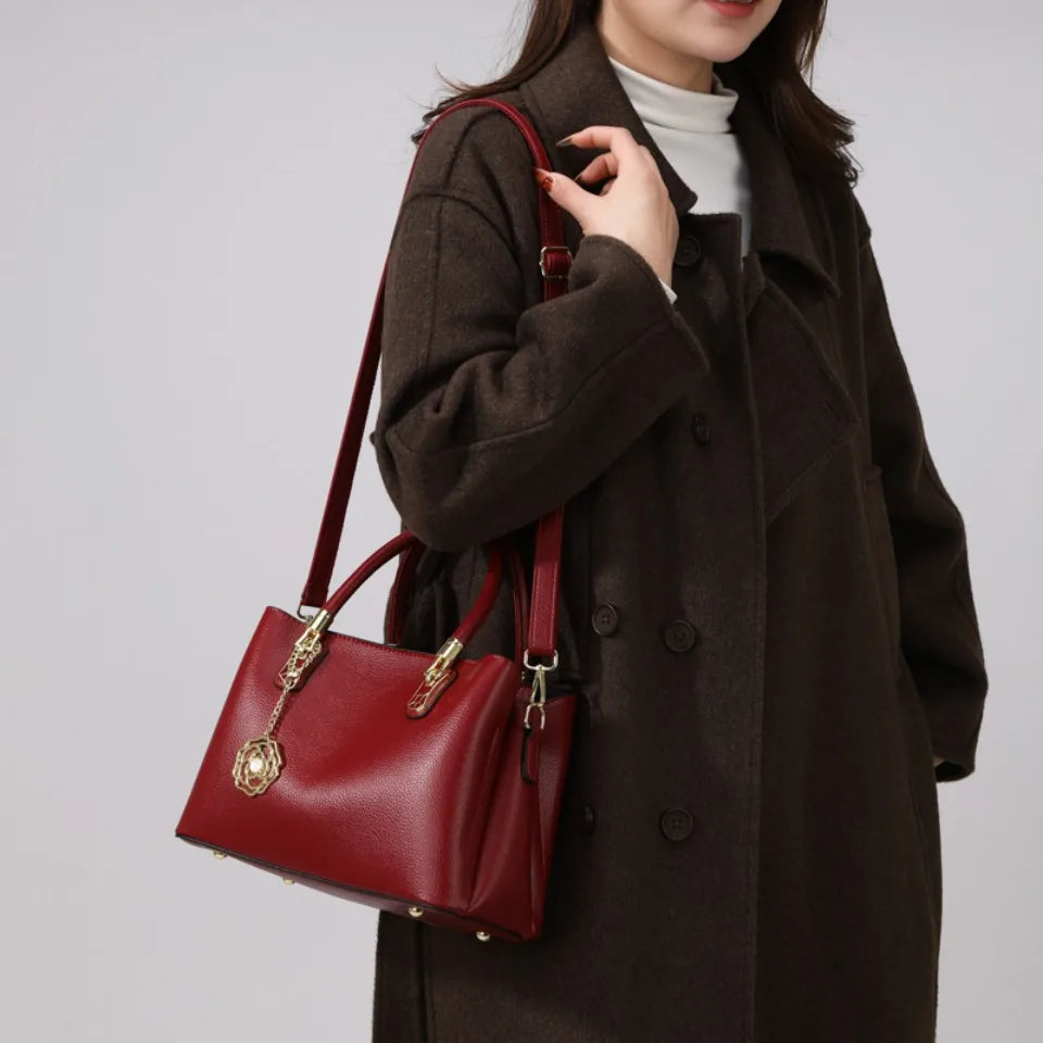 Women's Leather Tote Bag with Gold Hardware & Flower Pendant