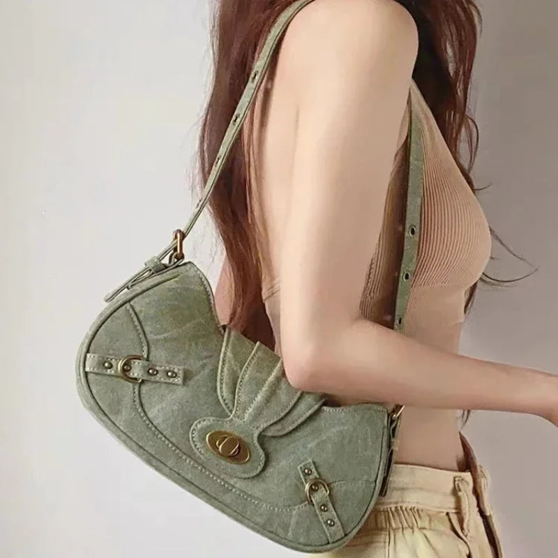 Y2K Vintage Rivet Shoulder Bag – Gothic Punk Canvas Handbag