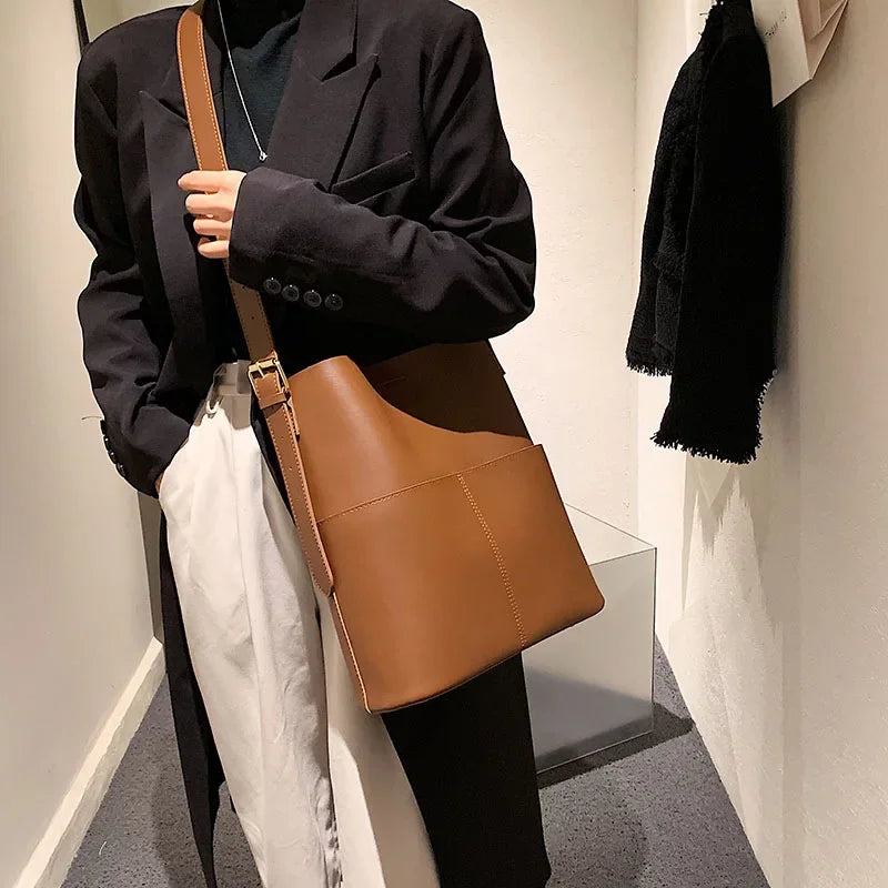Leather Bucket Shoulder Bag – Women's Casual Tote Handbag