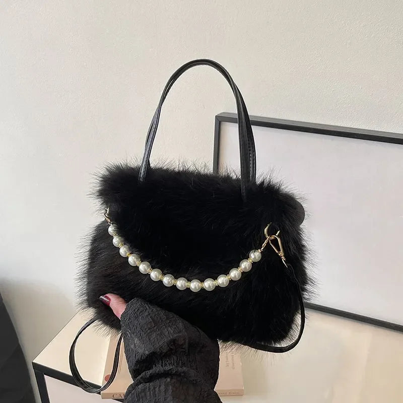 Faux Fur Plush Crossbody Bag – Korean Style Pearl Chain Handbag