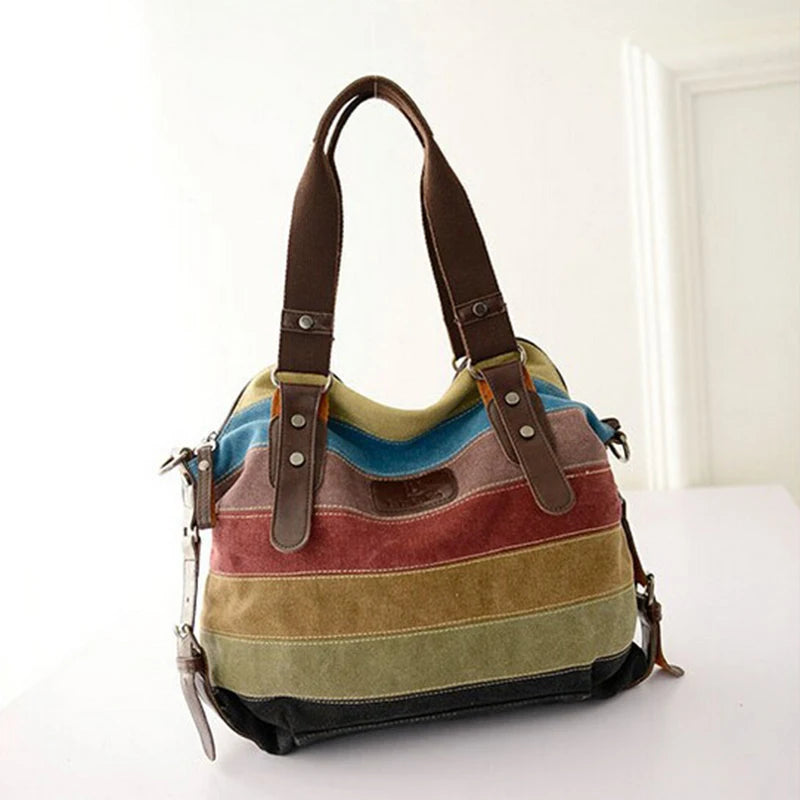Rainbow Striped Canvas Shoulder Bag – Women's Patchwork Crossbody Tote