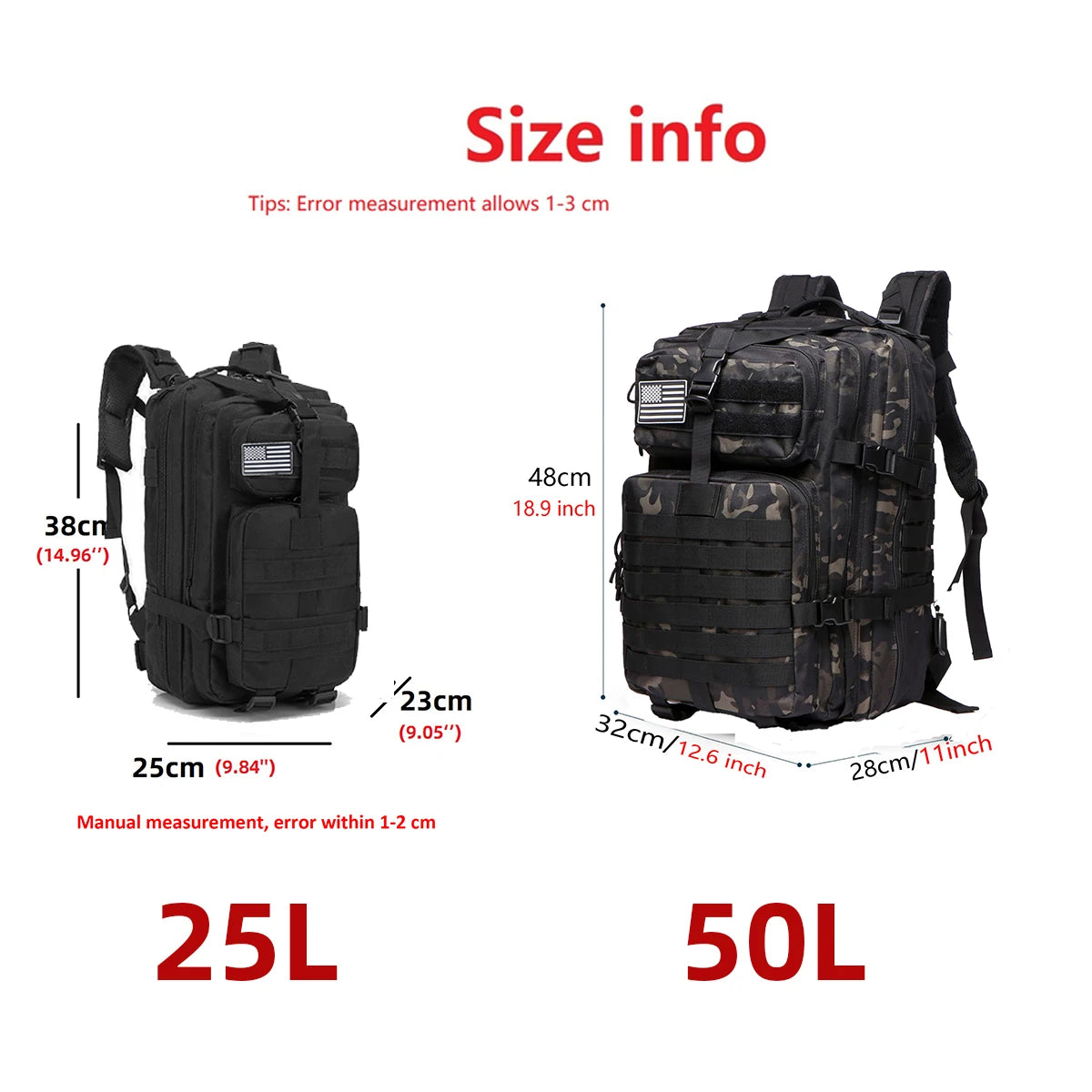 Tactical Backpack 25L/50L Waterproof MOLLE Hunting Camping Hiking Bag