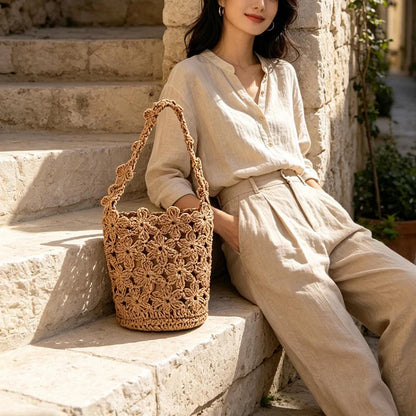 Floral Woven Bucket Bag – Women's Boho Shoulder Bag