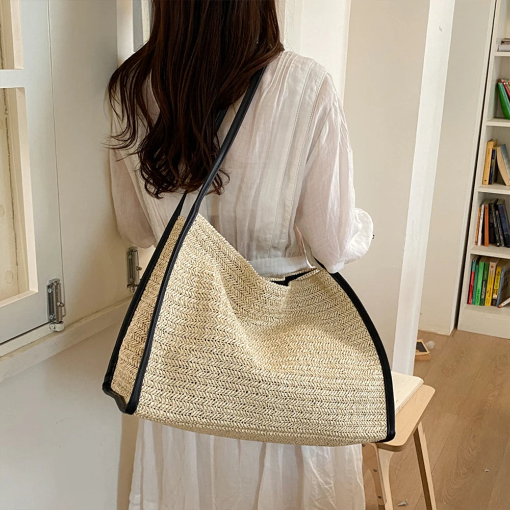 Straw Tote Bag – Large Capacity Woven Shoulder Handbag with Leather Trim