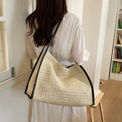 Straw Tote Bag – Large Capacity Woven Shoulder Handbag with Leather Trim