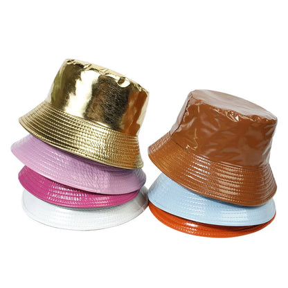Shiny PU Leather Bucket Hat – Unisex Waterproof Cap
