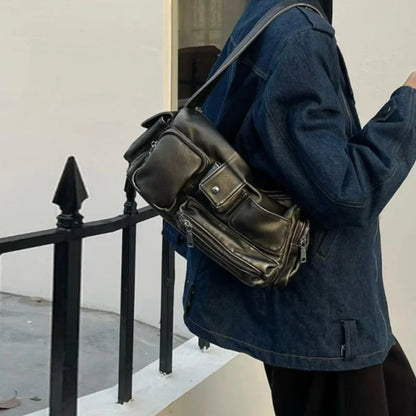 Hobo Crossbody Bag – Y2K Washed Leather Multi-Pocket Women's Bag