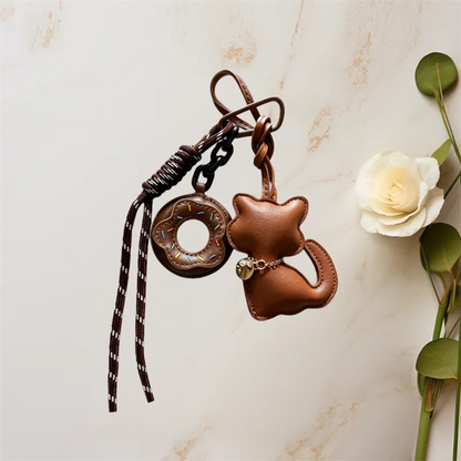 Cat Keychain – Cute Leather Cat & Donut Bag Charm with Tassel