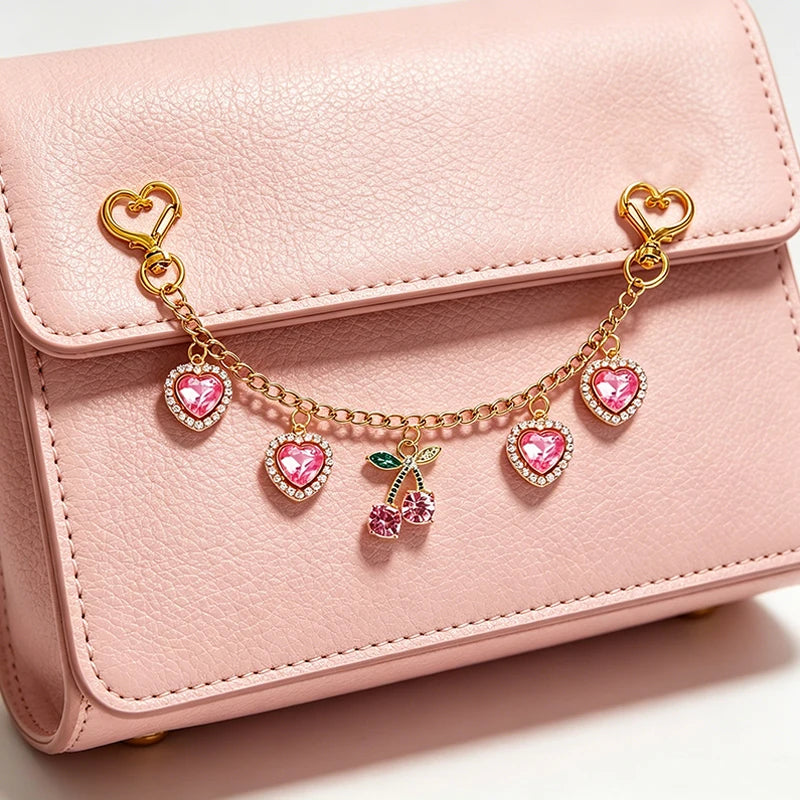 Cherry & Heart Bag Charm – Glass Stone Chain Jewelry Pendant