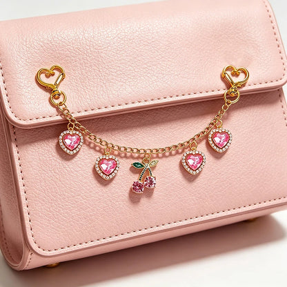 Cherry & Heart Bag Charm – Glass Stone Chain Jewelry Pendant