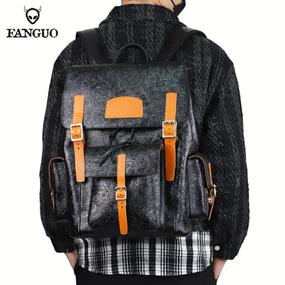 Genuine Leather Men's Backpack – Vintage Floral Embossed Laptop Bag
