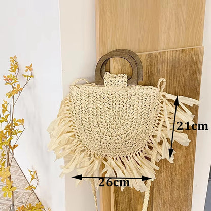 Handmade Straw Woven Round Beach Tote Bag