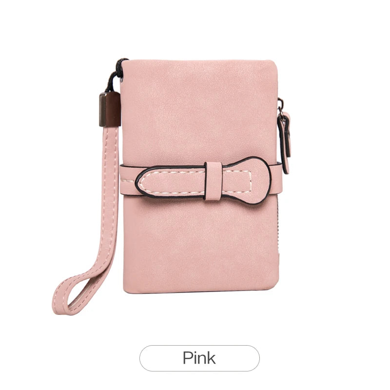 Women's Short Wallet – Minimalist Bifold Card Holder with ID Window & Wristlet