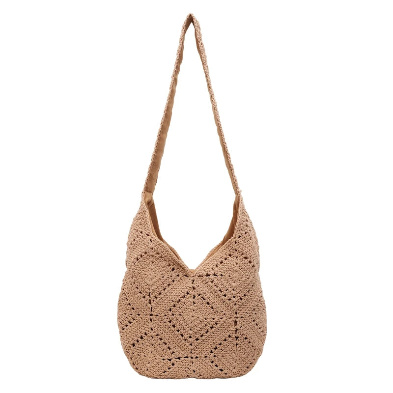 Crochet Hobo Shoulder Bag – Large Hollow-Out Woven Beach Bag